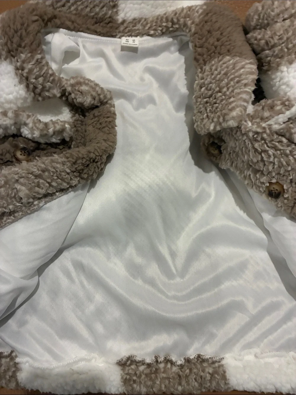 SHEIN Kids Plush Plaid Sherpa Jacket with Hat - Taupe & White size 7